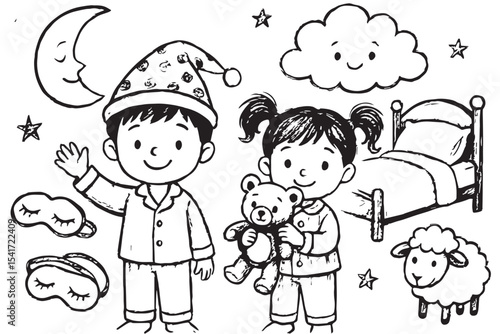 Childhood dreams illustration, kids bedtime, sleep, pajamas, teddy bear, moon, stars, bed, cloud, goodnight, peaceful rest