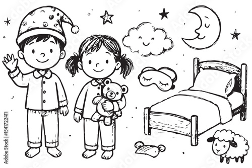 Children bedtime scene, pajamas, sleep masks, teddy bear, moon, stars, bed, goodnight, peaceful sleep, childhood dreams