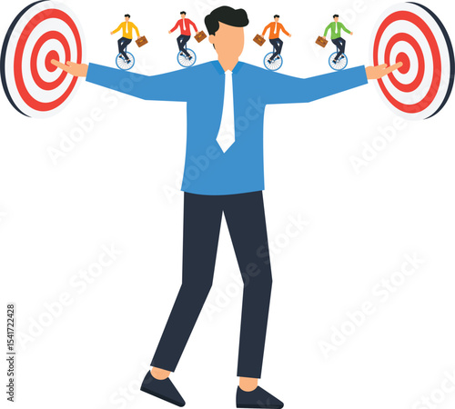 Businessman Balancing Multiple Targets: Achieving Goals, Teamwork, Strategy, balancing multiple targets on unicycles, symbolizing successful project management, strategic planning, 