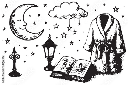 Dreamy nighttime whimsy, moon, stars, cloud, bedtime robe, lantern, storybook, peaceful sleep, stars, nighttime routine, cozy dreams