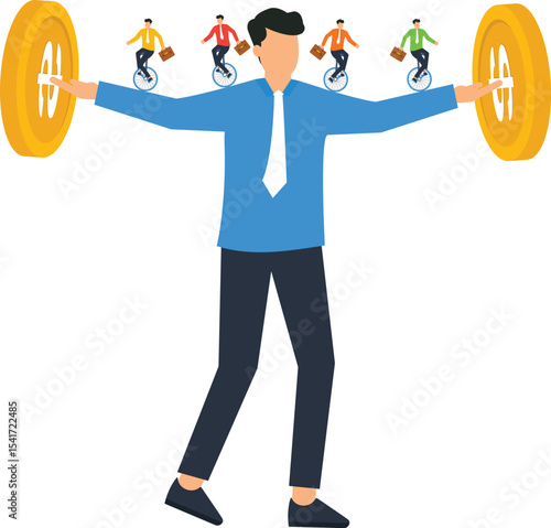 Businessman Balancing Multiple Income Streams,  businessman skillfully balancing large coins, presentations, blog posts, infographics, and marketing materials targeting financial advisors, investment,