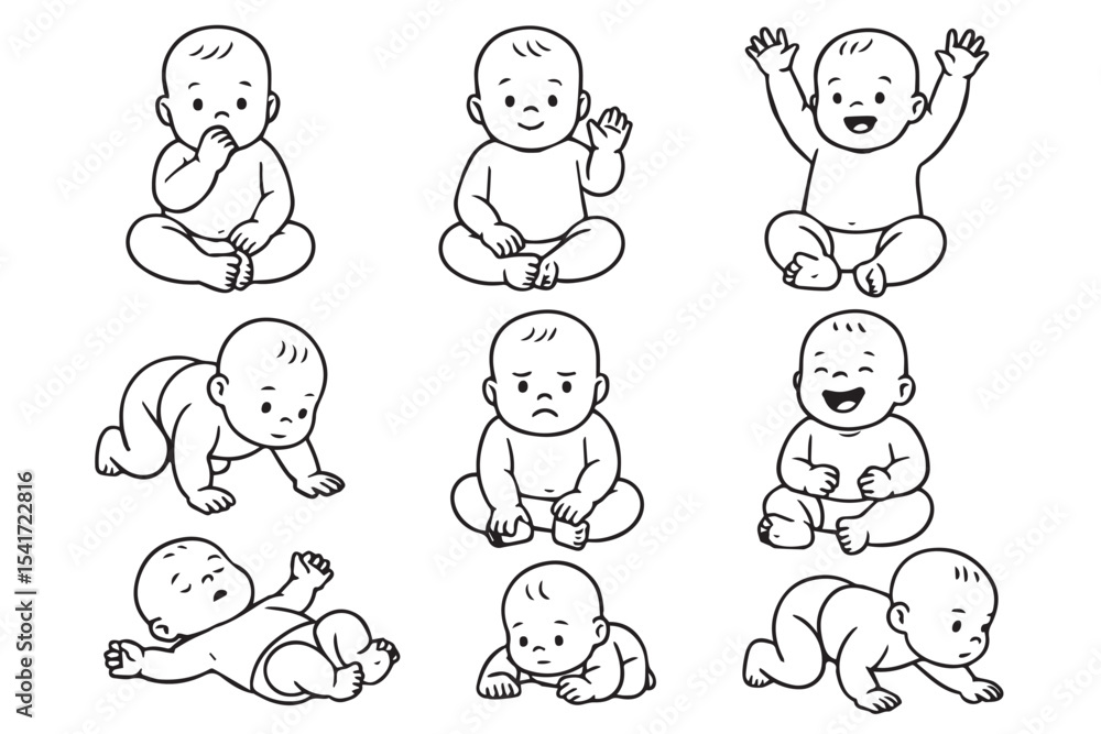Nine baby scenes illustration, crawling, sitting, smiling, playing, baby emotions, infant development, baby expressions, joyful moments Nine baby scenes illustration, crawling, sitting, smiling, playing, baby emotions, infant development, baby expressions, joyful moments
