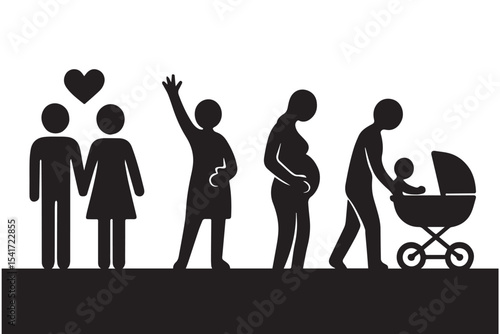 Silhouette parenthood cycle, love, pregnancy, baby care, family journey, parenthood stages, couple, growing family, baby stroller