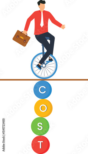 Businessman Balancing on Unicycle over COST - Risk Management, Budget, Finance Concept, cost management in business, finance, budgeting, risk assessment, and strategic planning, maintaining a budget,