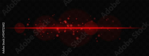 Red horizontal glow with light particles and lens bokeh on transparent background. Atmospheric sci-fi effect perfect for transitions, digital UI, or dreamy glowing overlays.