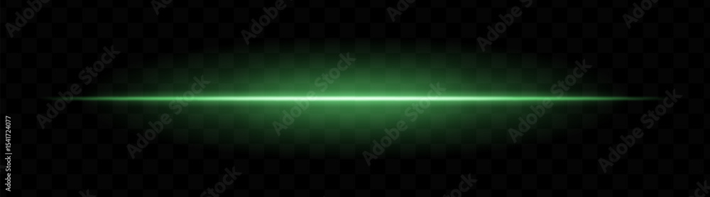 Obraz premium Green horizontal light beam with soft glow and vibrant aura on transparent background. Futuristic laser stripe ideal for energy effects, sci-fi transitions, or glowing overlays.