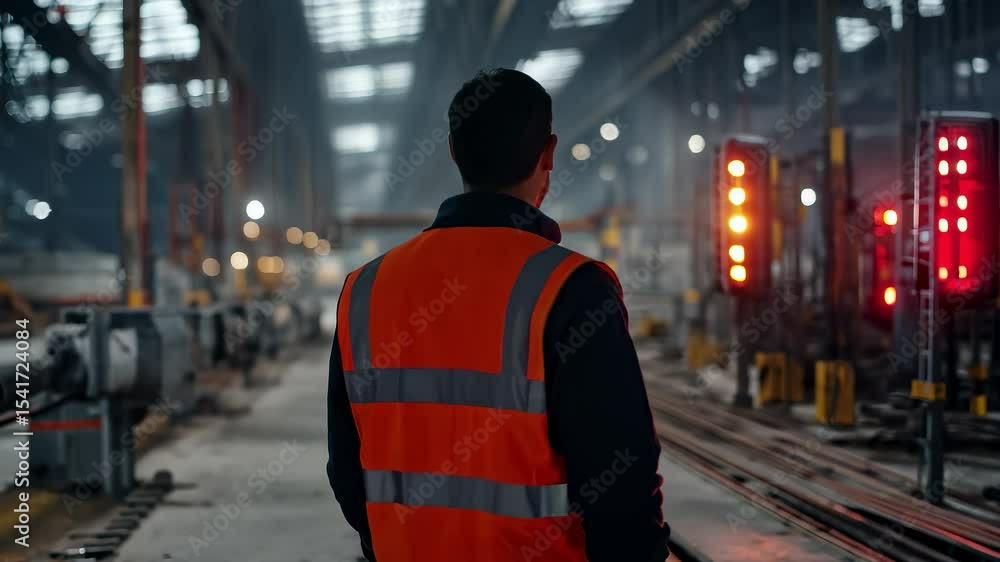 Industrial Worker in Safety Vest Back View Industrial Worker in Safety Vest Back View