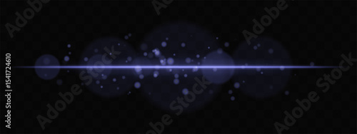 Blue horizontal glow with light particles and lens bokeh on transparent background. Atmospheric sci-fi effect perfect for transitions, digital UI, or dreamy glowing overlays.