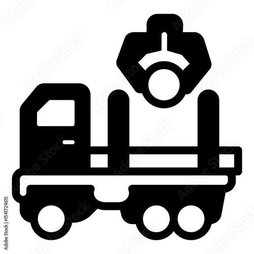 Truck with logs and crane arm solid icon, forest industry concept. Vector graphics. Tree trunks truck vehicle, loading sign on white background, style mobile or design.