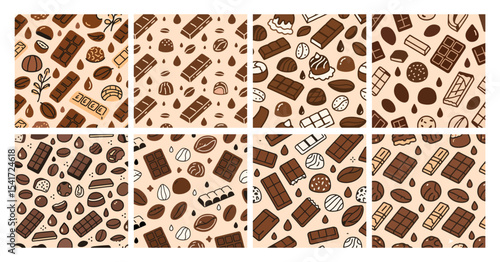 Seamless vector pattern of chocolate bars, truffles, cocoa beans, and drops. Perfect for packaging, branding, textiles, and dessert-themed designs. Cute and modern flat cartoon style.

