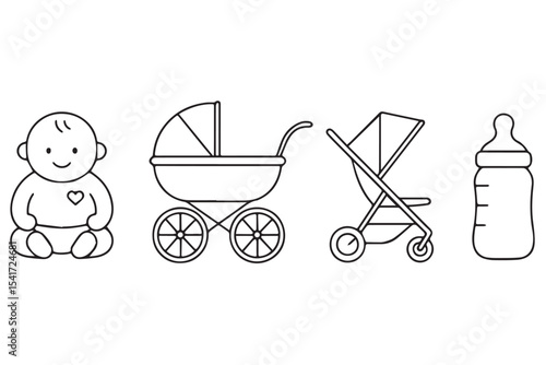 Cute minimalist baby essentials baby, stroller, bottle, and pram icons, ideal for parenting, baby care designs, and products, Baby essentials icon set