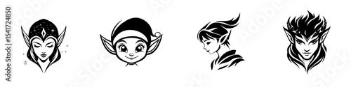 Various black icons featuring whimsical elf characters with unique designs and expressive features