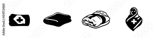 Black icons representing medical supplies including bandages and blankets for first aid settings