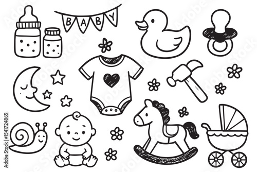 Fun and cute baby shower doodles featuring items like bottles, baby clothes, pacifier, stars, and rocking horse, ideal for baby shower celebrations, Baby shower doodles set