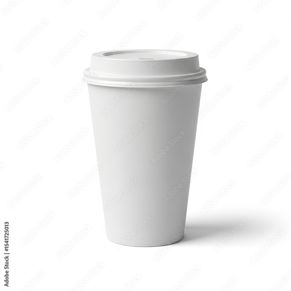 A plain white disposable coffee cup mockup with a lid isolated on a white background perfect for beverage branding and sustainable packaging designs A plain white disposable coffee cup mockup with a lid isolated on a white background perfect for beverage branding and sustainable packaging designs