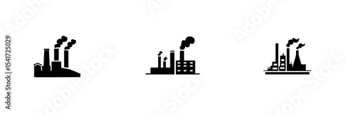 Various black icons representing factories emitting smoke against a plain background