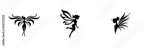 Black icons of whimsical fairies with elaborate wings in various poses for creative design projects