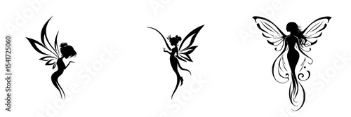 Set of three black fairy icons showcasing different poses and designs for creative projects and illustrations