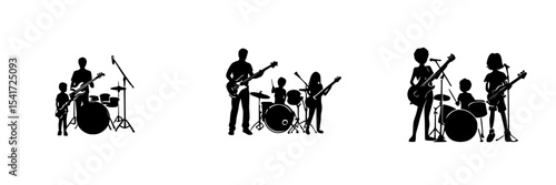 Black icon silhouettes of musicians playing instruments in a band setting during a live performance at a music event