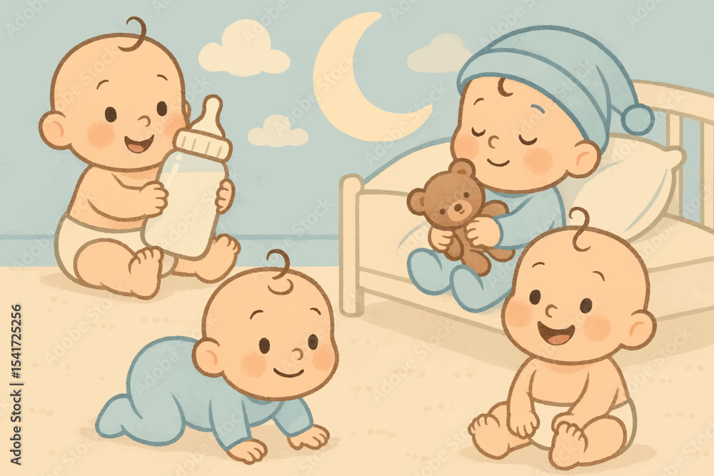Playful cherubic babies enjoying toys and cozy nursery moments, perfect for baby themed projects, Baby products icon set Playful cherubic babies enjoying toys and cozy nursery moments, perfect for baby themed projects, Baby products icon set