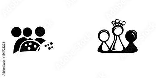 Set of black icons depicting group of people and a person with a crown representing social interaction and celebration