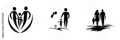 Set of black icons representing family and relationships for various uses in design and communication