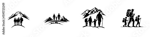 Hiking and exploring nature in black icon illustrations depicting families enjoying mountain adventures