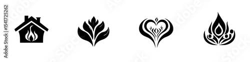 Set of black icons depicting fire, home, nature, and love symbols for design and branding purposes