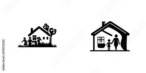 Black icons representing family life and home environments with nature and nurturing themes