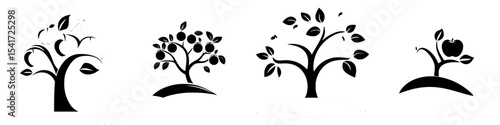 Set of black icons depicting trees in various styles representing growth and nature