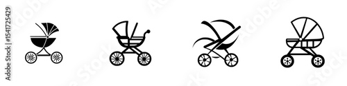 Collection of black icons depicting various styles of baby strollers showcasing their unique designs and features
