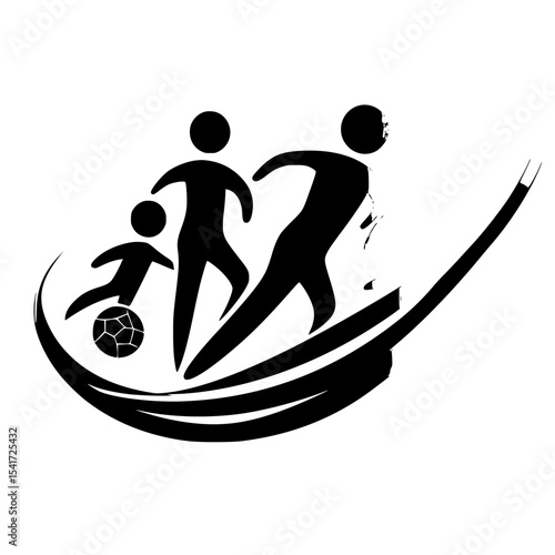 Dynamic running family playing soccer in a stylized black icon representation for sports and recreation activities
