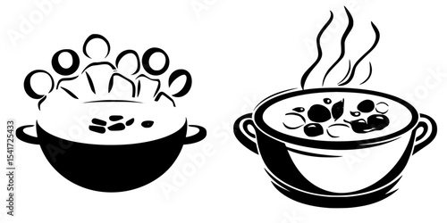 Set of black icons representing cooking pots with food, showcasing different types of culinary dishes and preparation styles