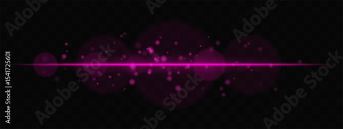 Purple horizontal glow with light particles and lens bokeh on transparent background. Atmospheric sci-fi effect perfect for transitions, digital UI, or dreamy glowing overlays.