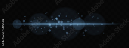 Blue horizontal glow with light particles and lens bokeh on transparent background. Atmospheric sci-fi effect perfect for transitions, digital UI, or dreamy glowing overlays.