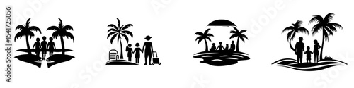 Set of black icons illustrating family beach activities under palm trees during a sunny day