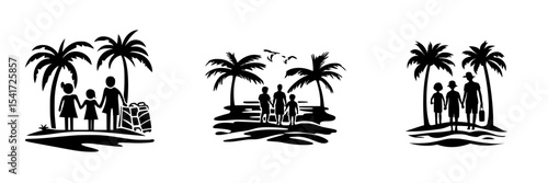 Family enjoying a tropical beach getaway with palm trees at sunset while engaging in leisure activities
