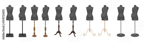 Set of black female dressmaker mannequins with different vintage and modern metal or wooden stands. Vector illustration isolated on white background.