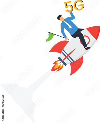 Businessman Riding Rocket to 5G Success, rapid growth, 5G technology, related telecommunications, technology, innovation, future connectivity,high-speed internet, represent fast-paced world tech start