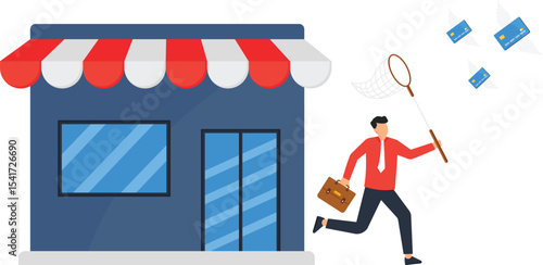 Businessman Chasing Flying Credit Cards Financial Loss, E-commerce, desperately chasing credit cards flying away from his store,financial loss, failed e-commerce strategies, missed opportunities,