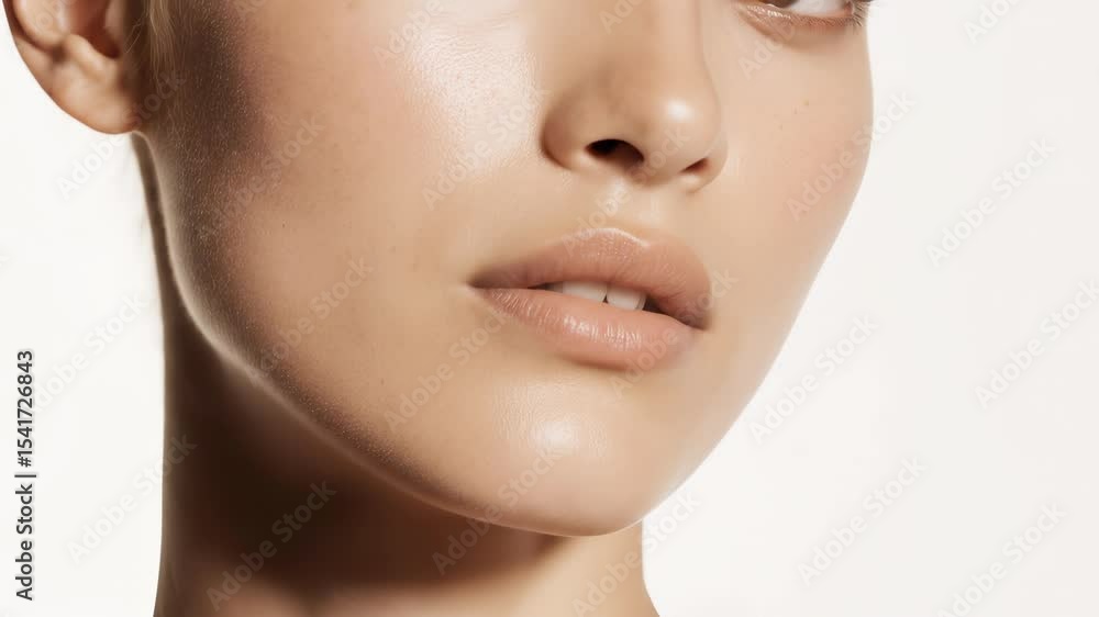 Natural Beauty Macro: Woman's Lips & Chin Close-up, Perfect Skin & Subtle Smile. Skincare, Cosmetics & Dermatology Concept. 4K Video Natural Beauty Macro: Woman's Lips & Chin Close-up, Perfect Skin & Subtle Smile. Skincare, Cosmetics & Dermatology Concept. 4K Video