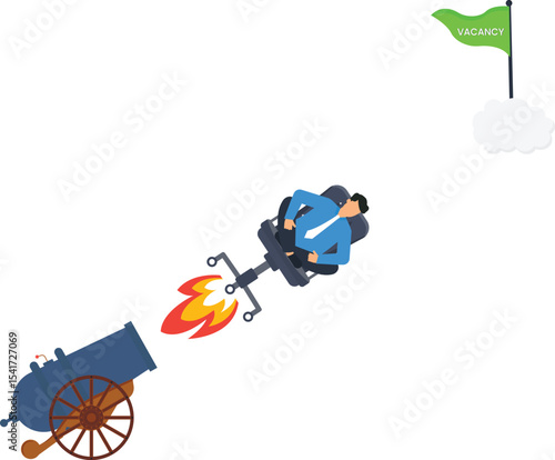 Businessman Launched by Cannon Towards Job Vacancy, This eye-catching, propelled cannon, job vacancy flag, career advancement, recruitment, career development,business growth. 

