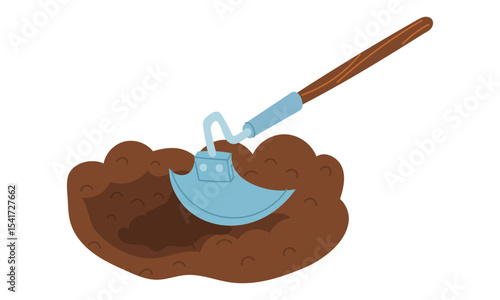 long-handled hoe weeds and loosens the ground. Beds. Gardening tools. Flat color illustration. It is suitable for the design of articles and educational materials on gardening and hobbies.