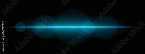 Bright blue light beam with lens flare circles on dark background. Vivid horizontal glow ideal for futuristic UI, synthwave designs, or neon-inspired transitions.