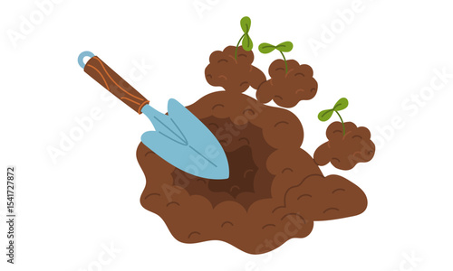 Planting machine dug a hole for planting sprouts in the soil. Gardening tools. work process. Flat color illustration. It is suitable for of articles and educational materials on gardening and hobbies