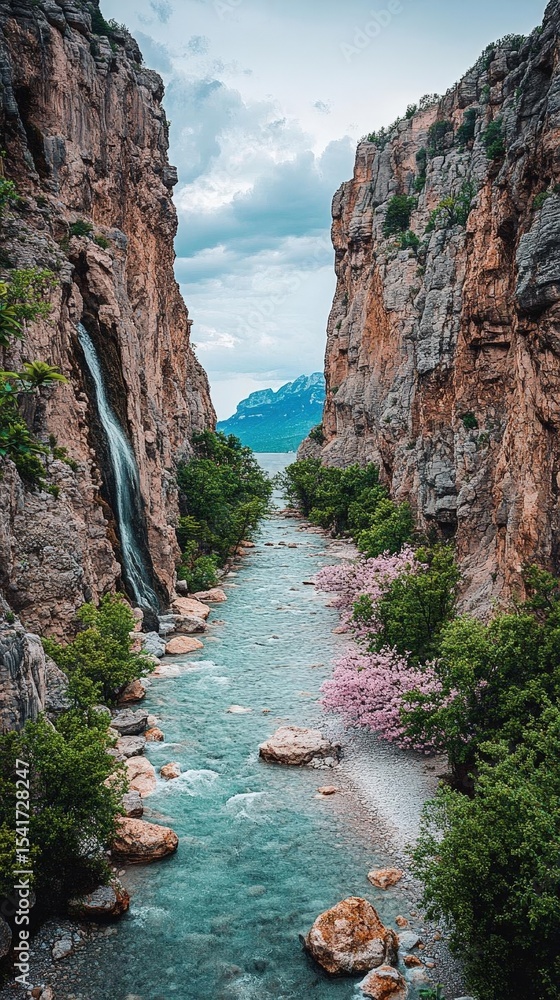Obraz premium Rocky Canyon River With Waterfall