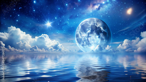 serene and romantic nighttime scene with a full moon illuminating clouds, a starry sky, and shimmering blue water