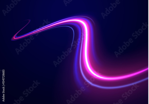 Light trail wave, fire path trace line, car lights, optic fiber and incandescence curve twirl. Abstract background in blue and purple neon glow colors. PNG.