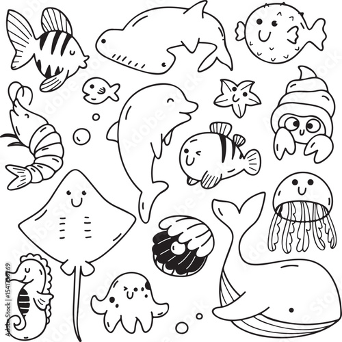Sea Life Vector Illustration, Fish Dolphin Turtle Ocean Design