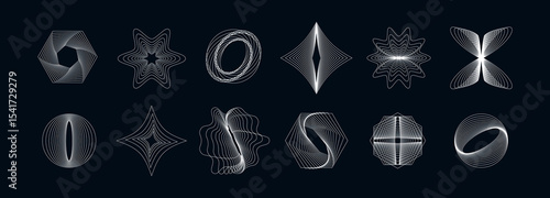 Set of modern abstract geometric shapes. Futuristic wireframe designs with flowing lines and dynamic forms. Ideal for technology, digital art, UI/UX, and contemporary graphic projects.
